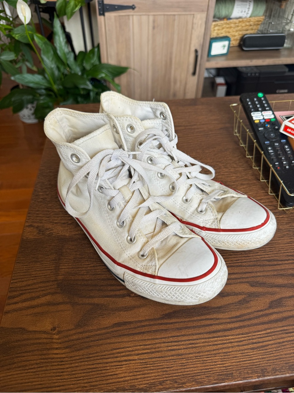 Converse White High-Top Sneakers with Red Trim